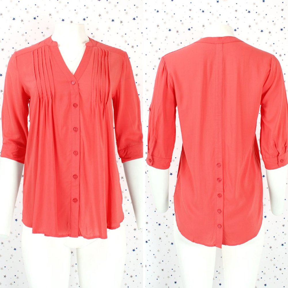 3/4 Sleeve Button Up Blouse Top Coral